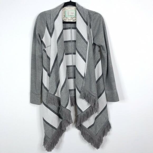 Anthropologie Saturday Sunday XS Gray Elise Striped Fringe Sweater Cardigan Cozy - Picture 1 of 8